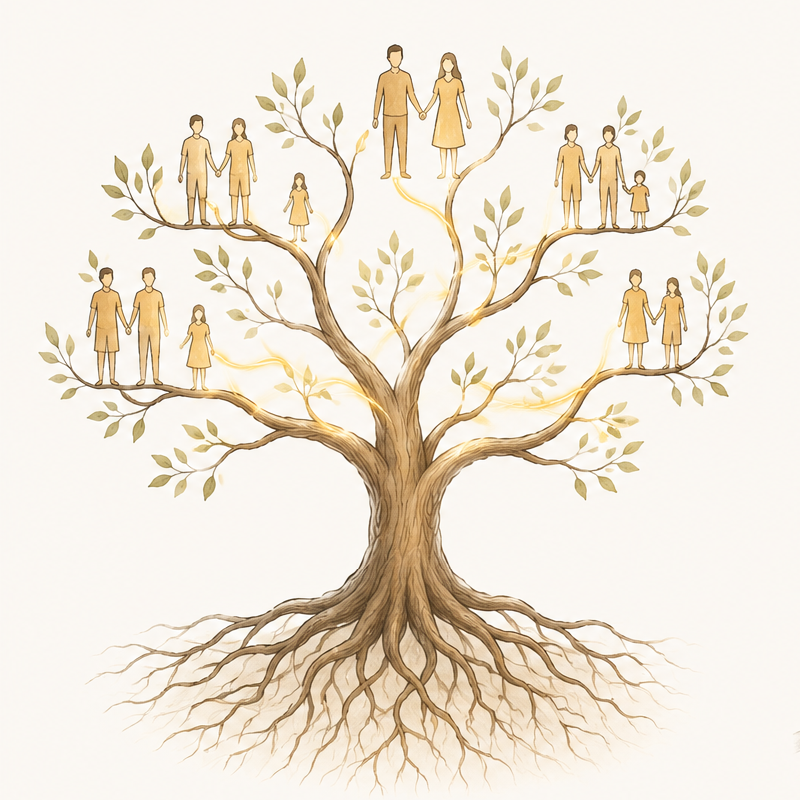 Ilustración artística de un genograma familiar mostrando conexiones transgeneracionales